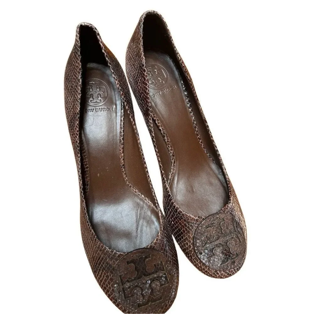 NWOB Tory Burch Amy Brown Snake Skin Leather Block Low Heels 10.5 US